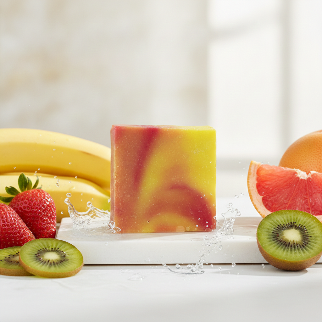 Monkey Farts Soap Bar with banana, grapefruit, strawberry, kiwi, and water splash styling.