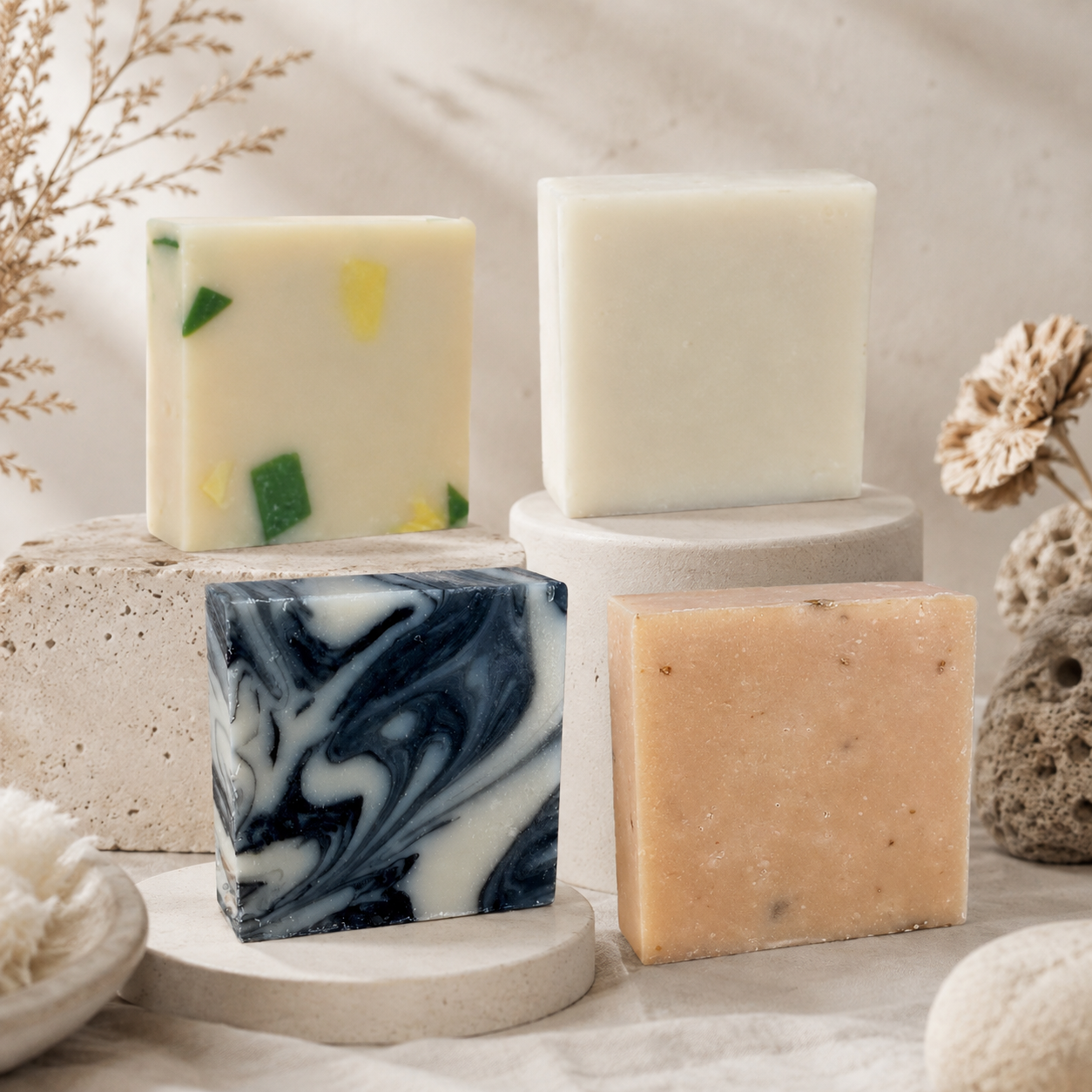 Build Your Heritage Set featuring four Heritage Line soap bars displayed on stone pedestals with natural dried accents.
