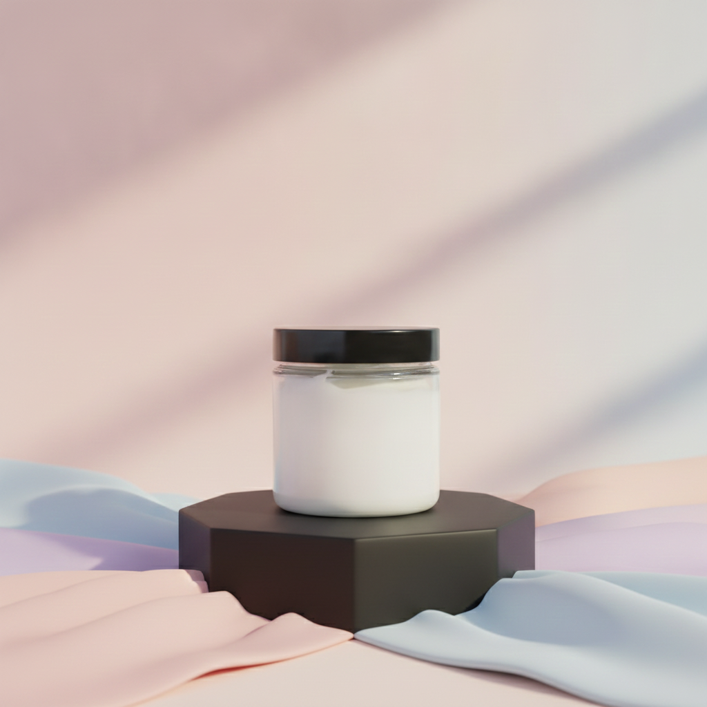 Unscented Smooth Body Cream displayed on a dark pedestal surrounded by soft pastel fabric.