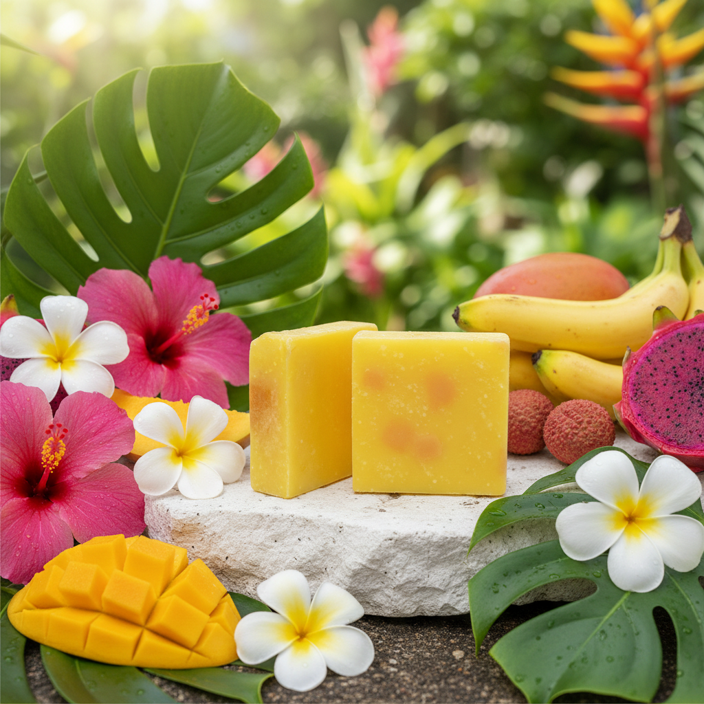 Island Girl Radiance soap bars styled with tropical fruit, hibiscus flowers, and lush island greenery