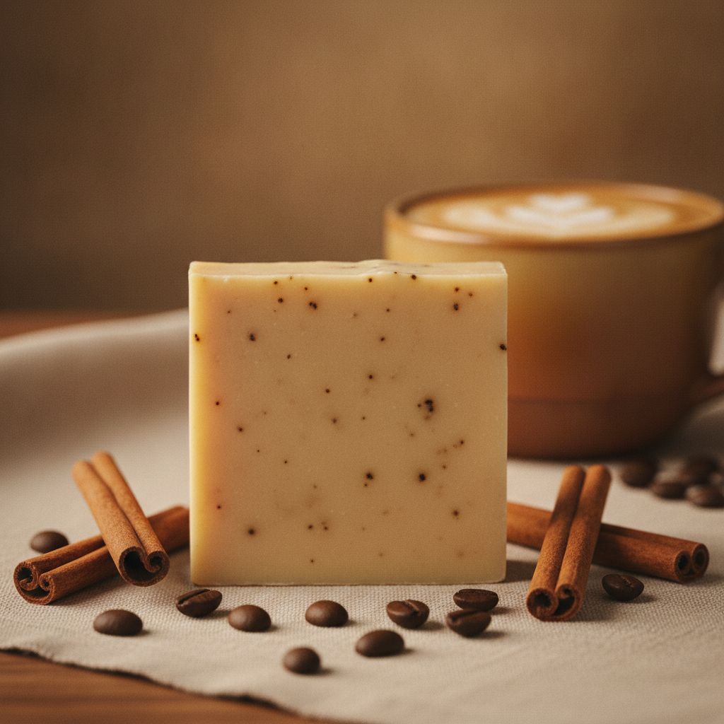 Cinnamon Latte Soap Bar beside a latte, cinnamon sticks, and coffee beans on a warm café-style surface.