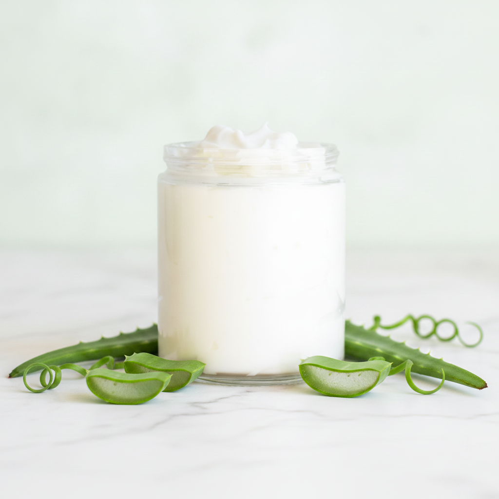 Open jar of Smooth Body Cream surrounded by aloe pieces on a bright marble surface.