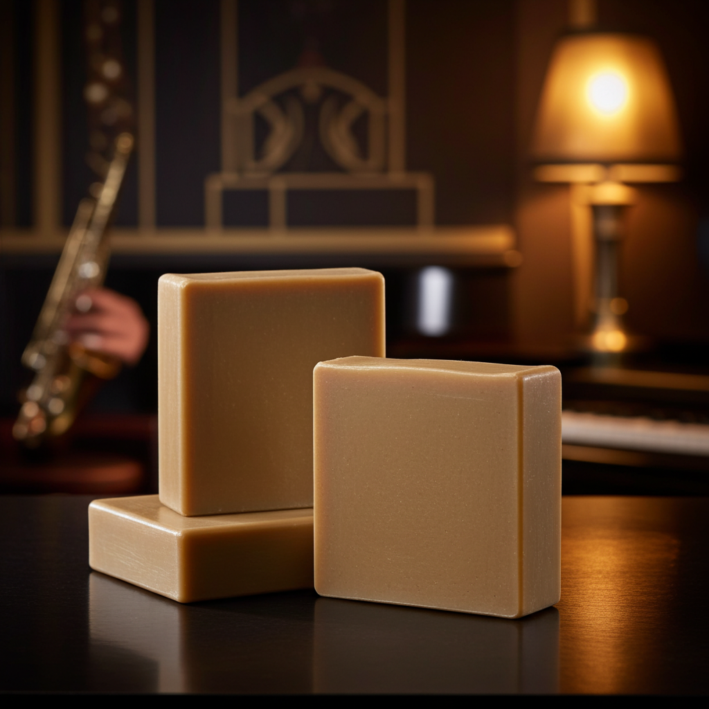 Jazz Night in Harlem soap bars styled in a warm jazz lounge setting with soft lighting and a saxophone in the background