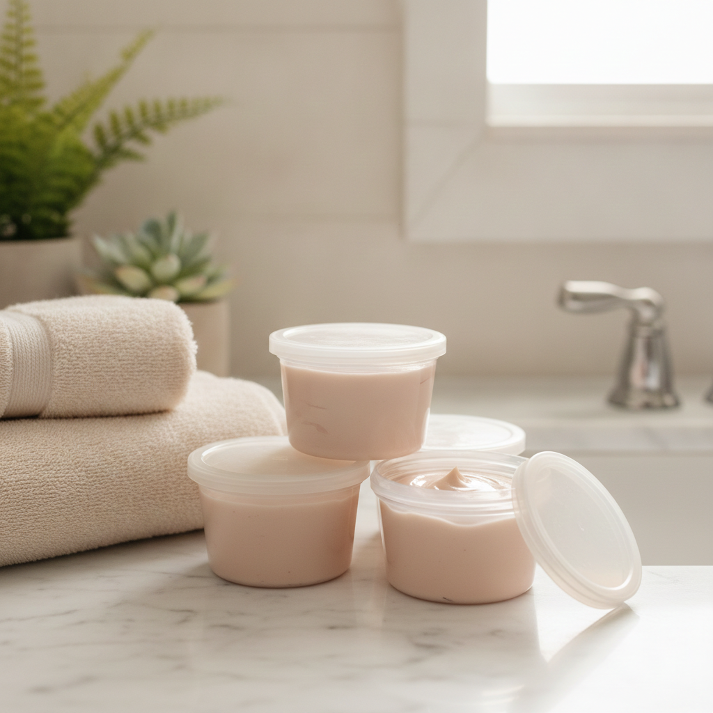 Creamy Whipped Shealoe Butter tubs displayed on a bathroom counter beside folded towels and an open lid.