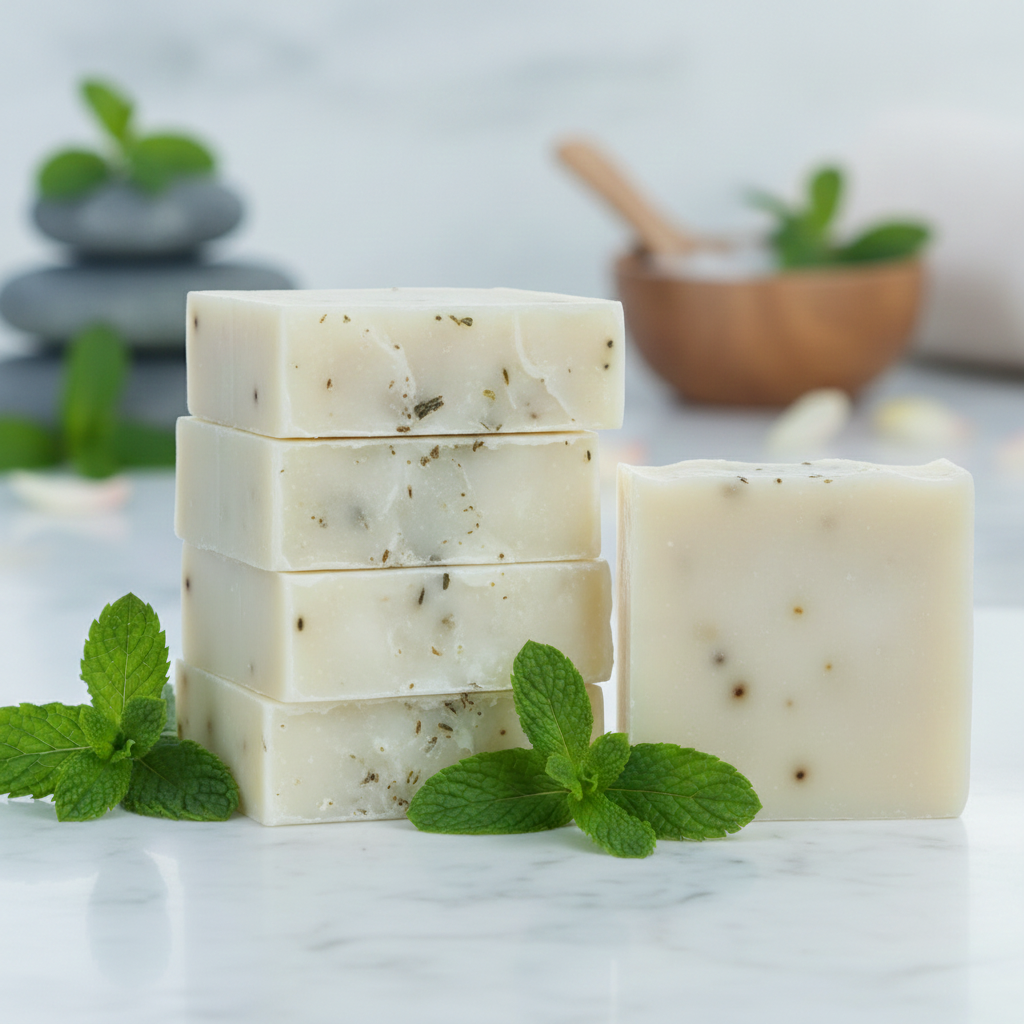 Stacked Peppermint Soap Bars with fresh mint leaves on a white marble surface.