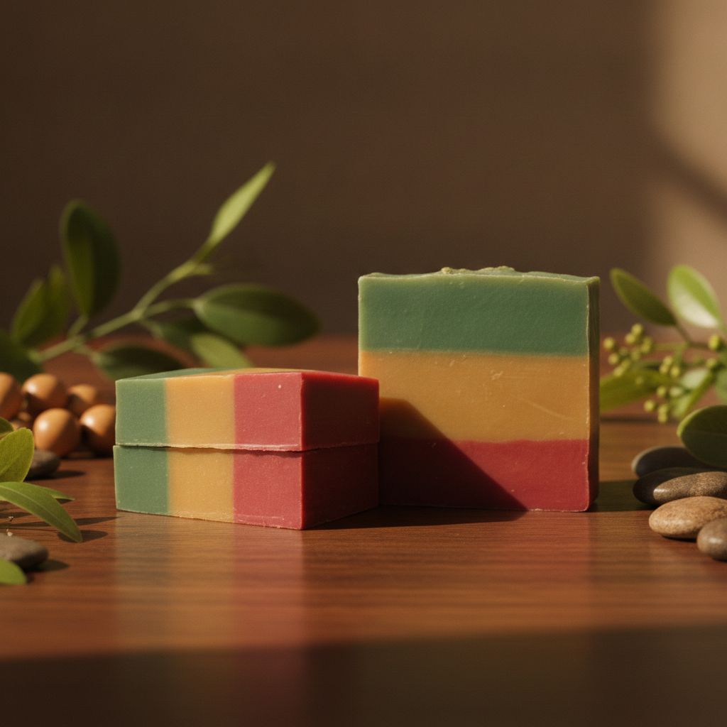 Several Rasta Roots Soap bars arranged on warm wood with green leaves and smooth stones