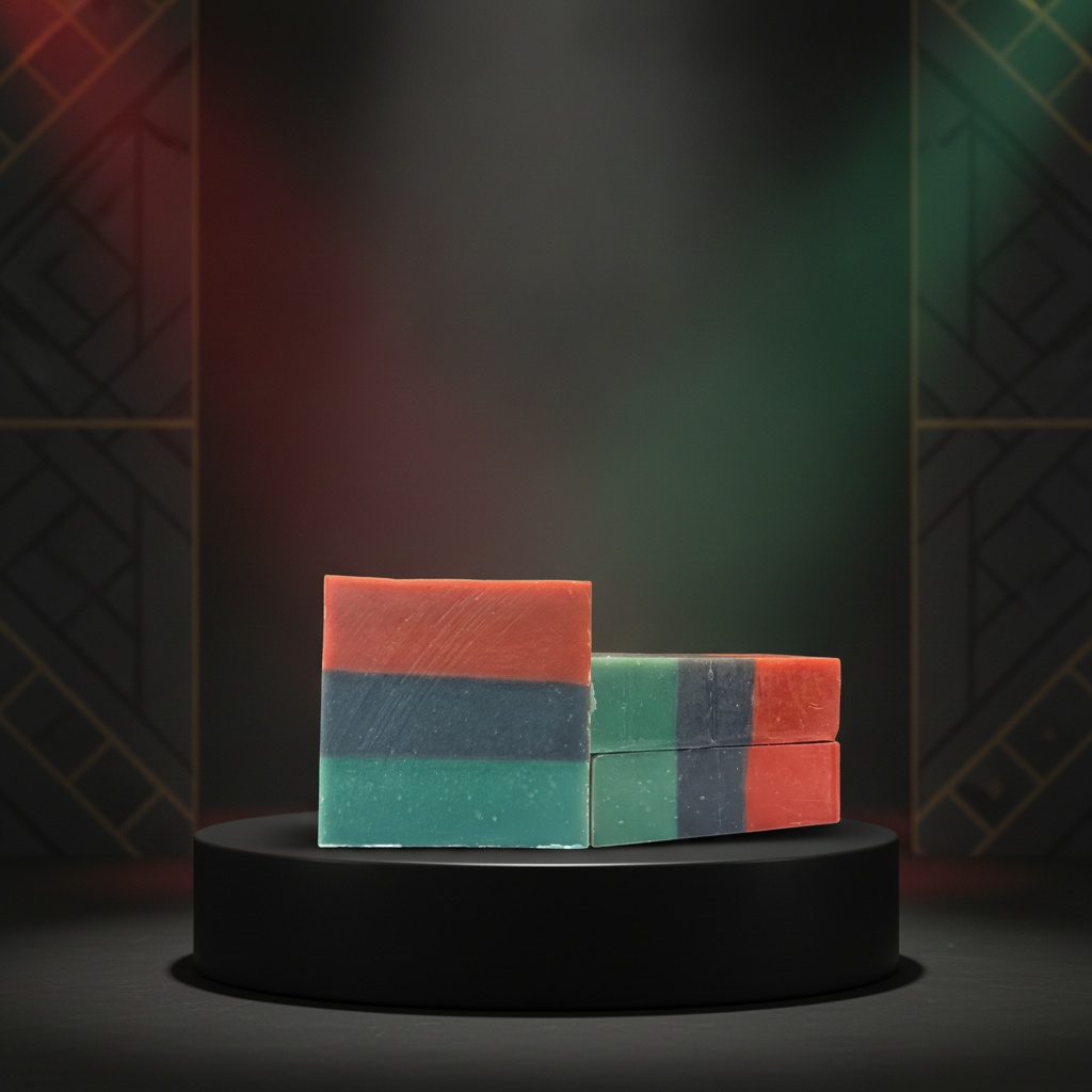Three Liberation Lather red, black, and green soap bars displayed on a black pedestal