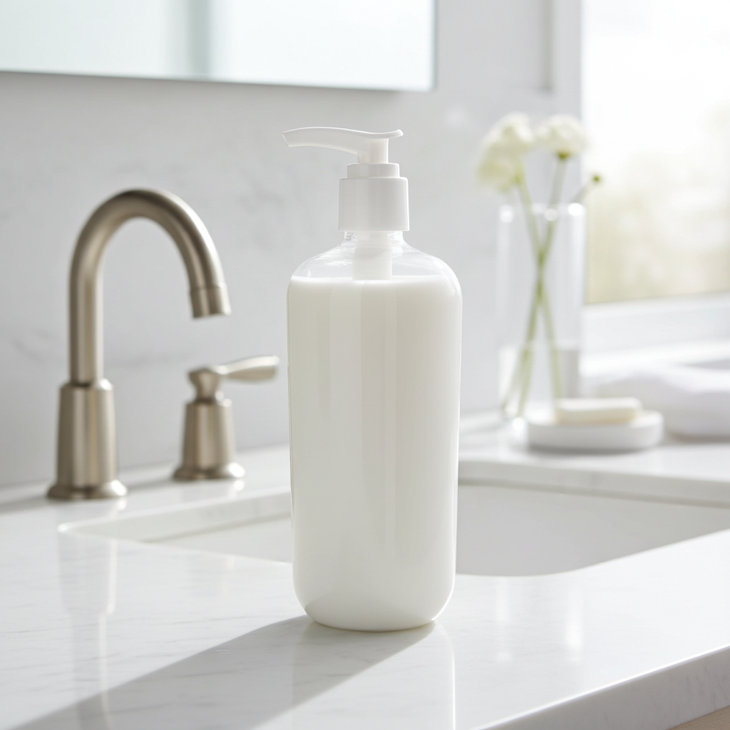 A light-filled bathroom lifestyle image of Sensitive Skin Body Wash from The White Line, styled beside a faucet and soft floral accents for an airy, everyday skincare look.