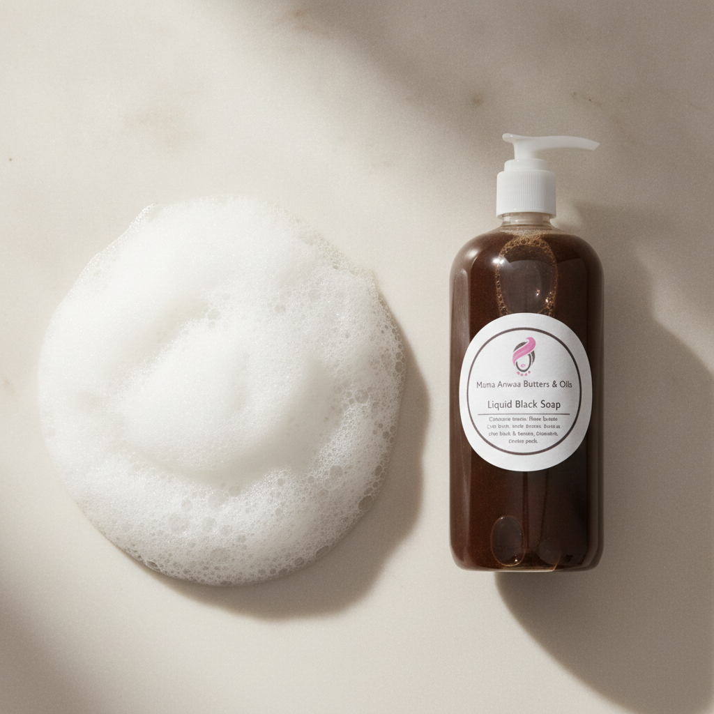 Raw Liquid African Black Soap beside a mound of white lather on a light neutral surface.