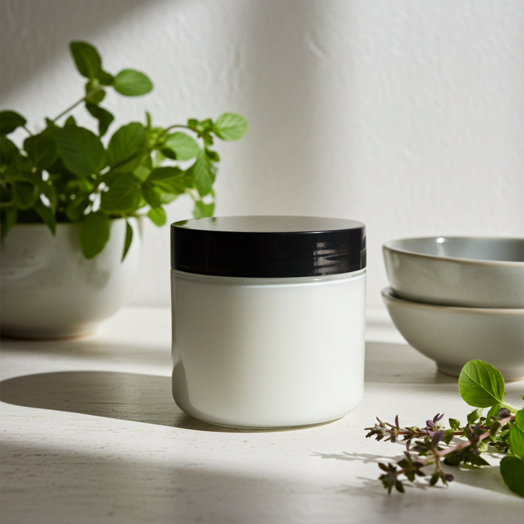 A lifestyle image of The White Line by Mama Aswan Unscented Smooth Body Cream 16oz styled with greenery and neutral decor for a calm, natural self-care feel.
