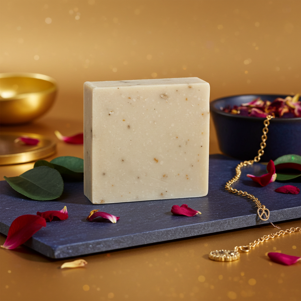 Luxe flat-lay product photo of Noite de Carnaval soap featuring gold decor and petals for an elevated, ritual-inspired mood.