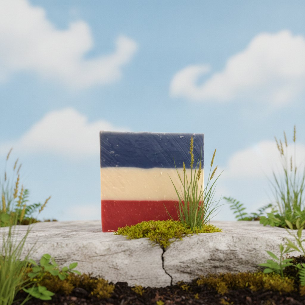 No Longer Bound soap displayed on a rock beneath an open blue sky with green plants
