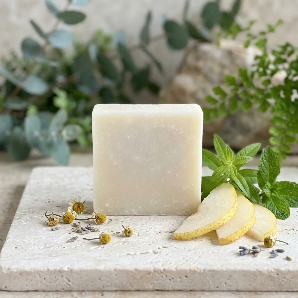 Big Sister Soap surrounded by pear slices, fresh herbs, and delicate flowers in a bright botanical setting.