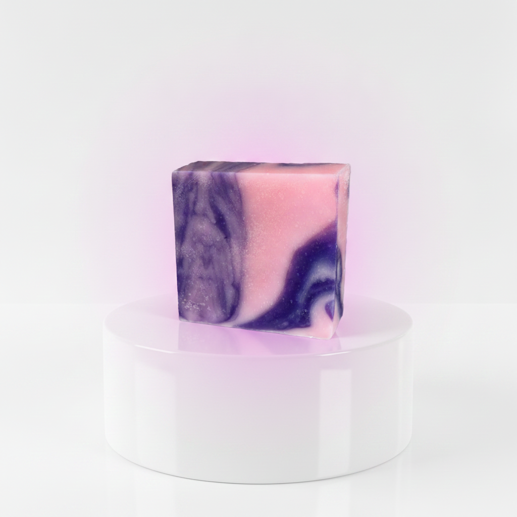 Hydrangea Soap Bar displayed on a white pedestal with a soft pink and purple glow.