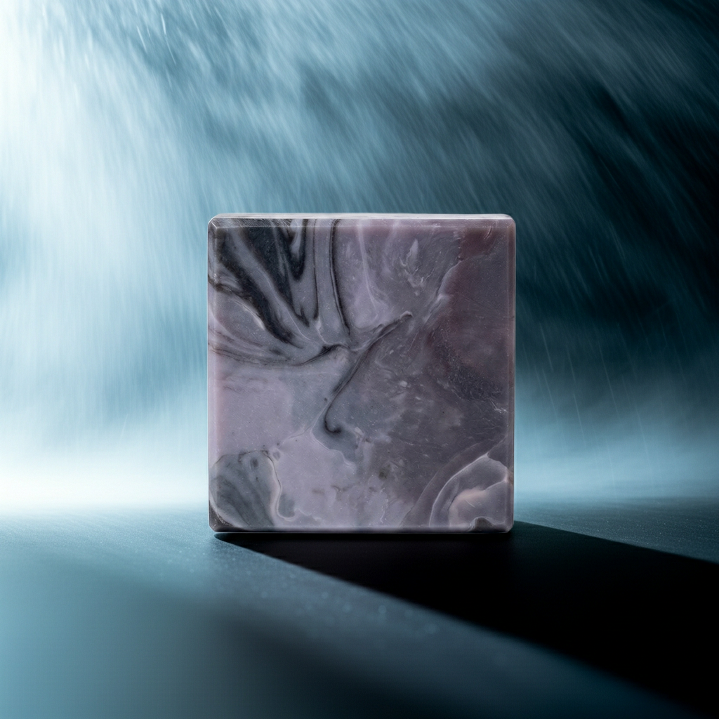 Storm Over the Sahel soap bar in dramatic rain-like light with cool misty atmosphere