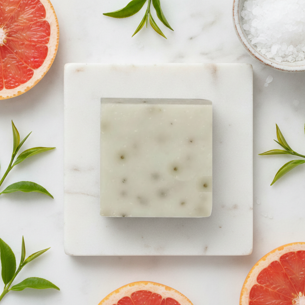Grapefruit Tea Tree Scrub Soap Bar shown from above on a marble tray with grapefruit slices, tea tree leaves, and sea salt.