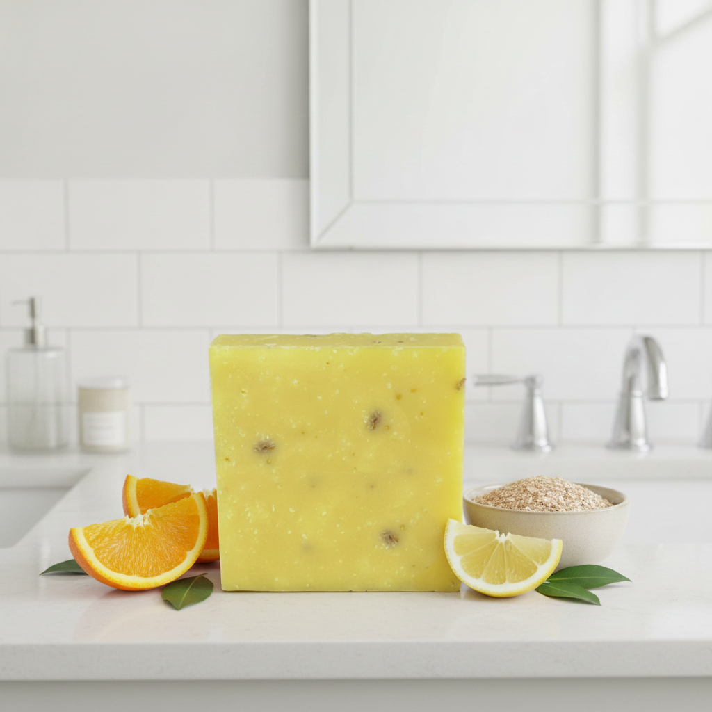Island Citrus for Men Scrub Soap Bar on a white bathroom counter with orange slices, lime wedges, and a bowl of ground oatmeal.