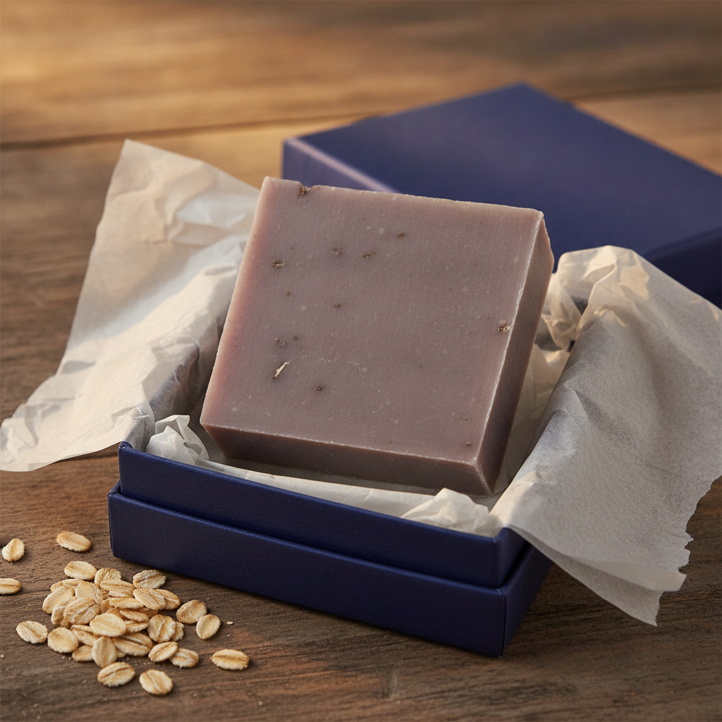 Oatmeal Milk & Honey Soap Bar in a blue gift box with tissue paper and scattered oats.