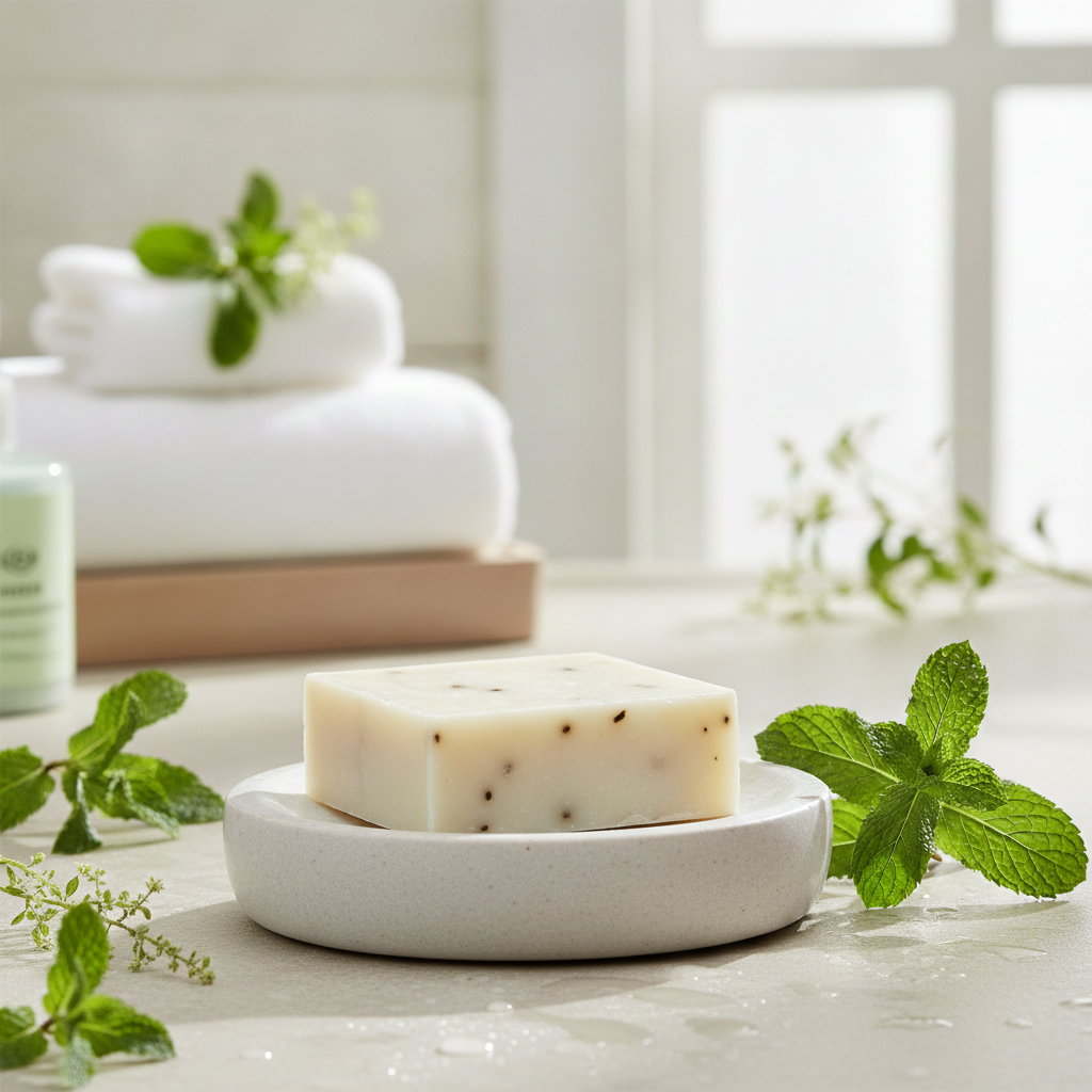Tea Tree Mint Soap Bar on a white dish beside mint leaves and folded towels in a bright bathroom setting.