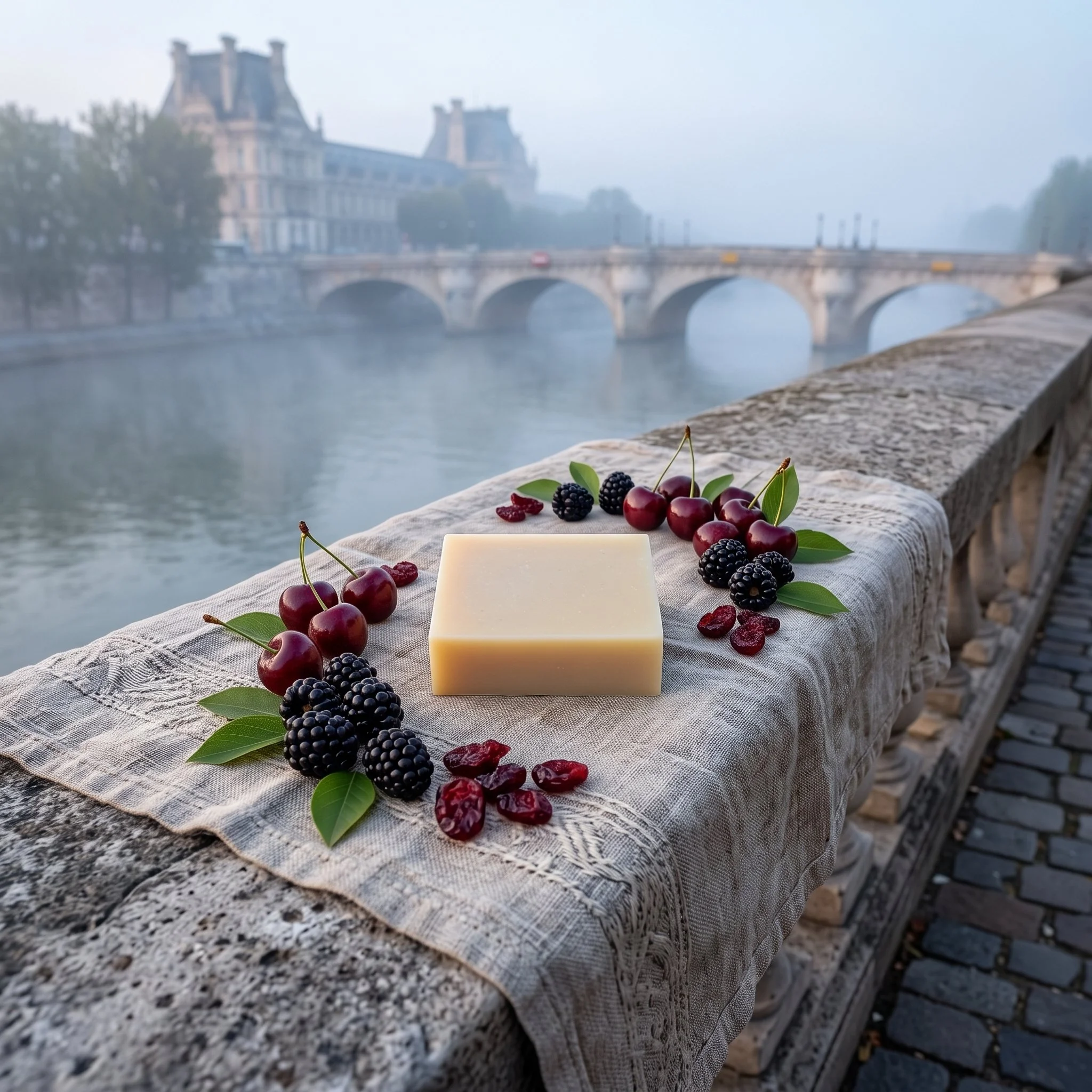 Room to Breathe Soap Bar displayed with berries on a stone bridge overlooking a Paris river scene.