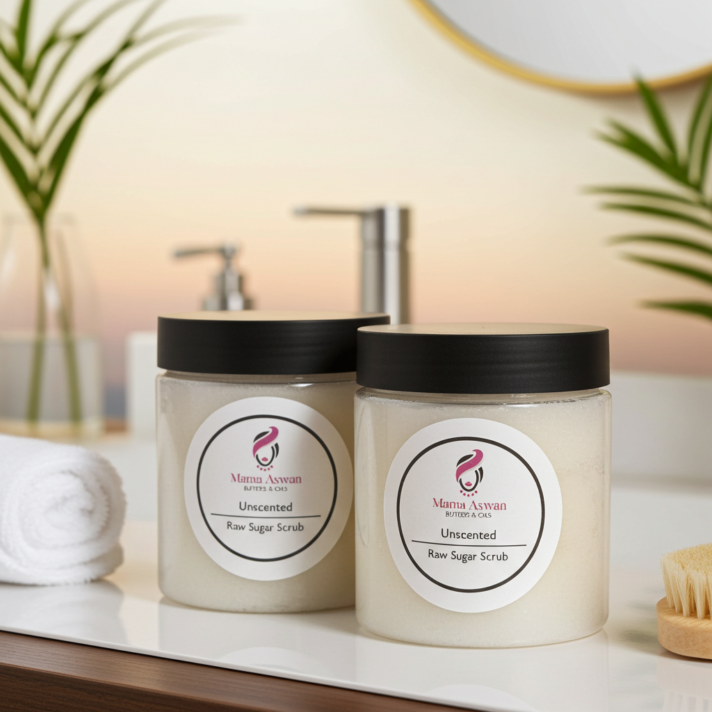 Two jars of Mama Aswan Unscented Raw Sugar Scrub on a bathroom counter with plants and sunset lighting.