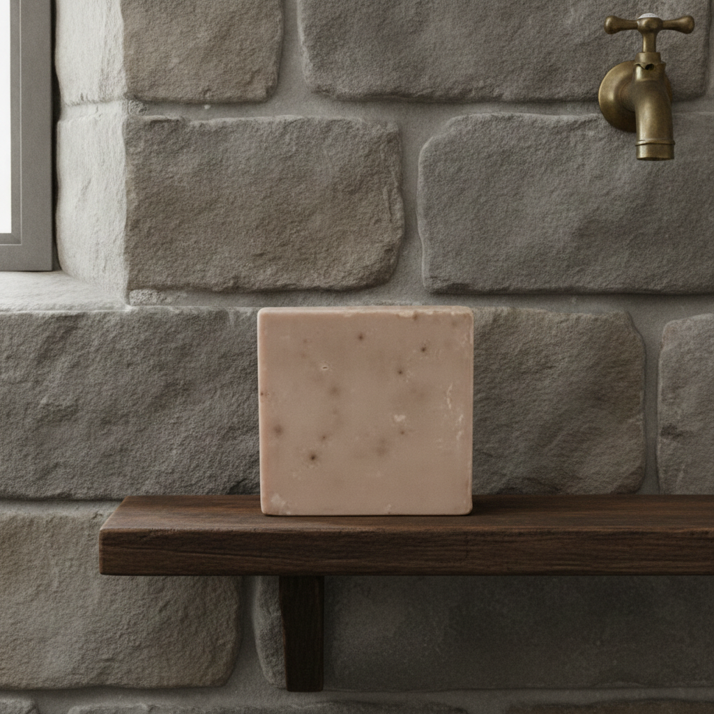 Oatmeal Spice Soap Bar on a wooden shelf against a stone shower wall.