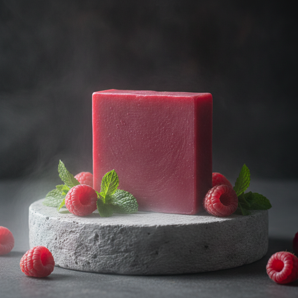 Raspberry Mint Soap Bar on a stone pedestal with raspberries and fresh mint leaves.