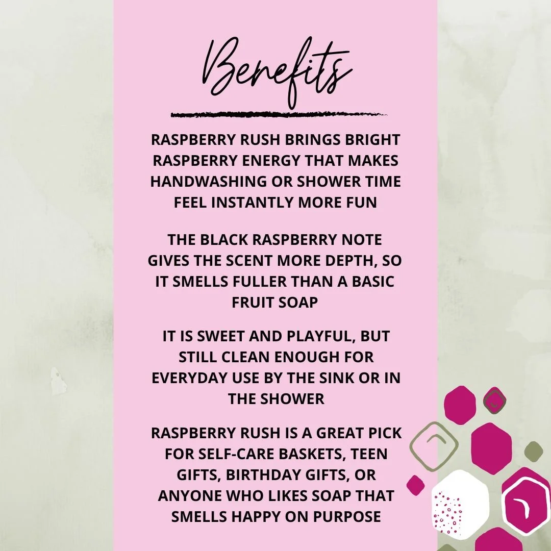 Benefits graphic for Raspberry Rush Soap Bar highlighting its bright raspberry scent, black raspberry depth, sweet berry appeal, and gift-friendly style.