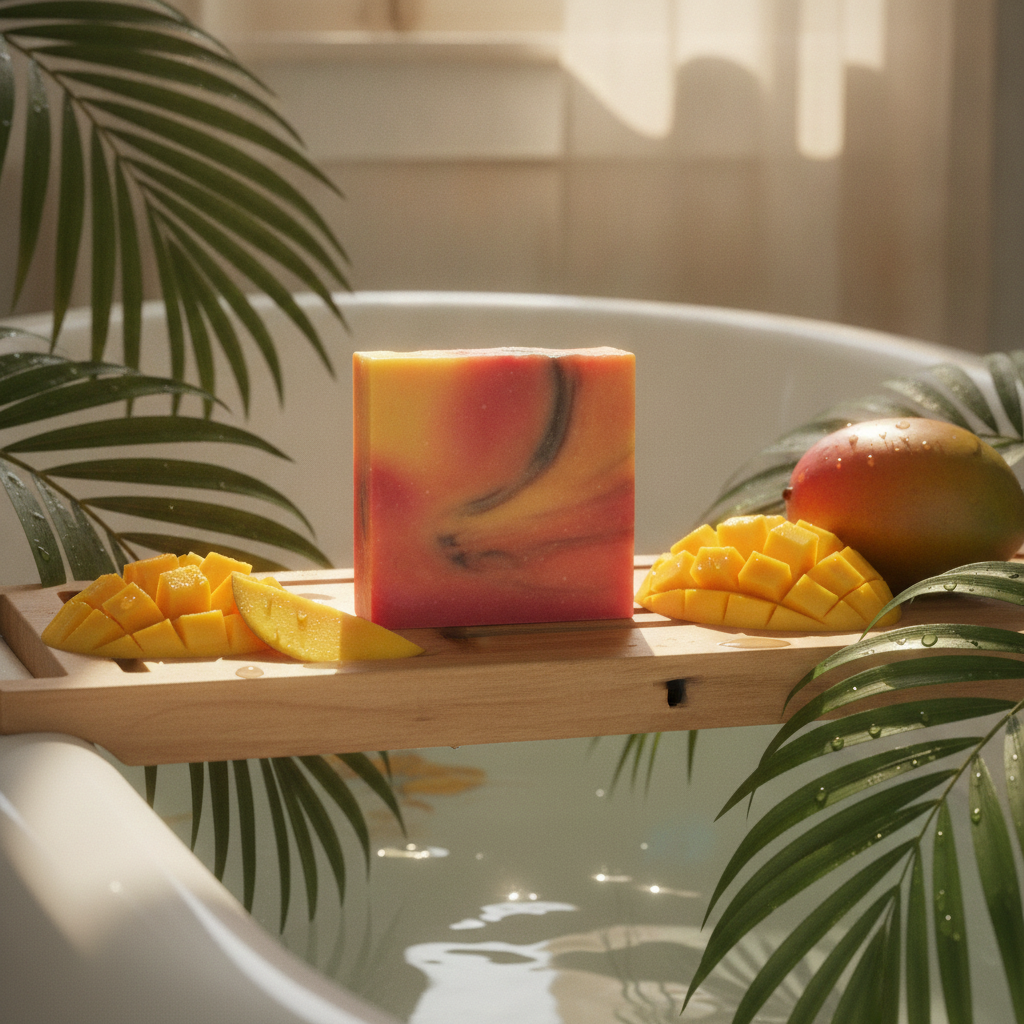 Mango Delight Soap Bar on a bathtub tray with mango slices, mango cubes, and tropical greenery.
