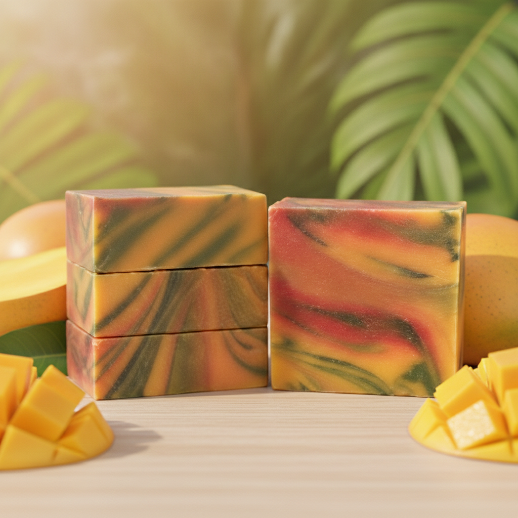 Mango Delight Soap Bars displayed with mango cubes, sliced mango, and tropical leaf accents.