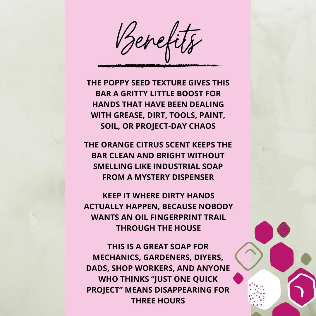 Benefits graphic for Mechanic’s Soap Bar highlighting its poppy seed scrub texture, orange citrus scent, garage sink use, and practical gift appeal.