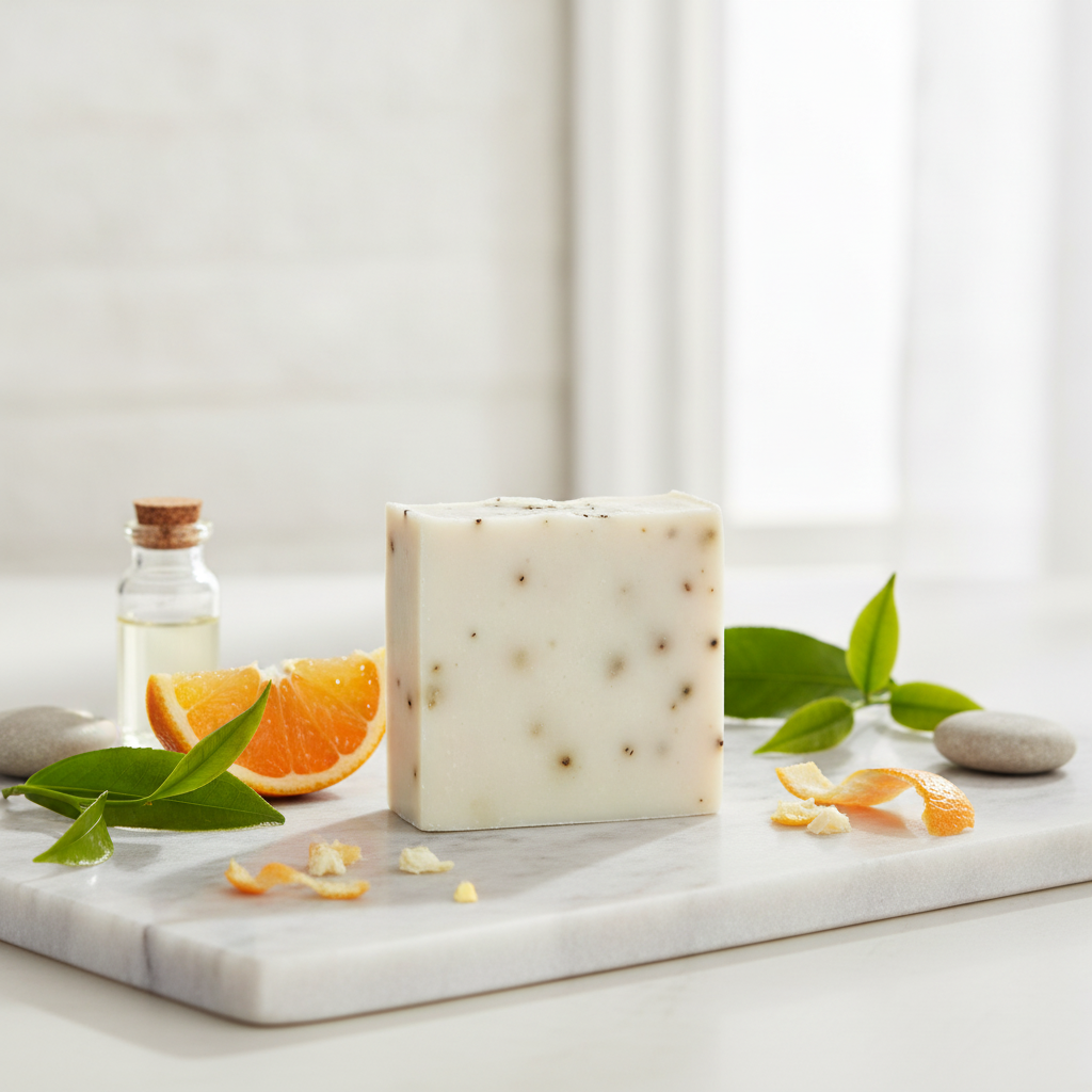 Grapefruit Tea Tree Scrub Soap Bar on a marble tray with grapefruit slices, green leaves, and soft bathroom lighting.
