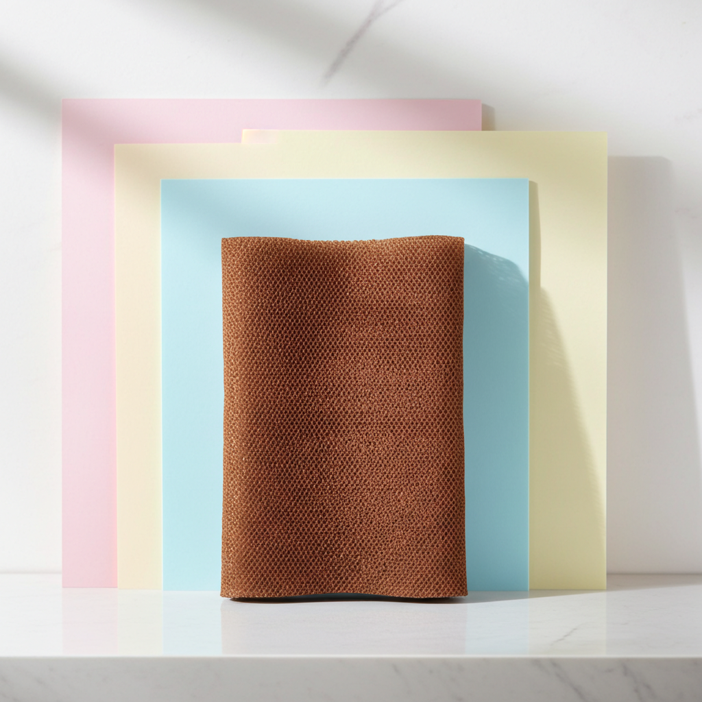 Brown long body scrubber displayed in front of layered pastel color backdrops.