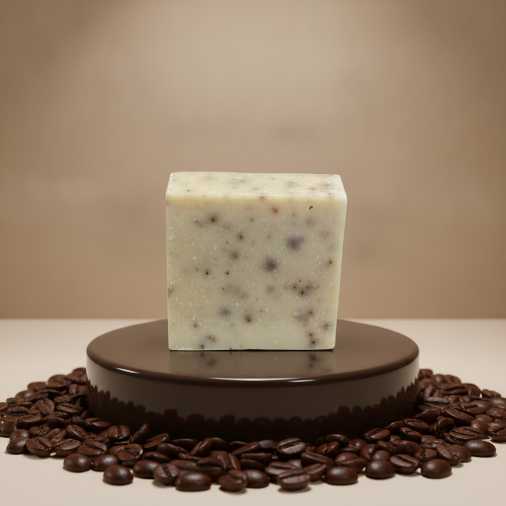 Strong Coffee Soap Bar displayed on a brown pedestal surrounded by coffee beans.