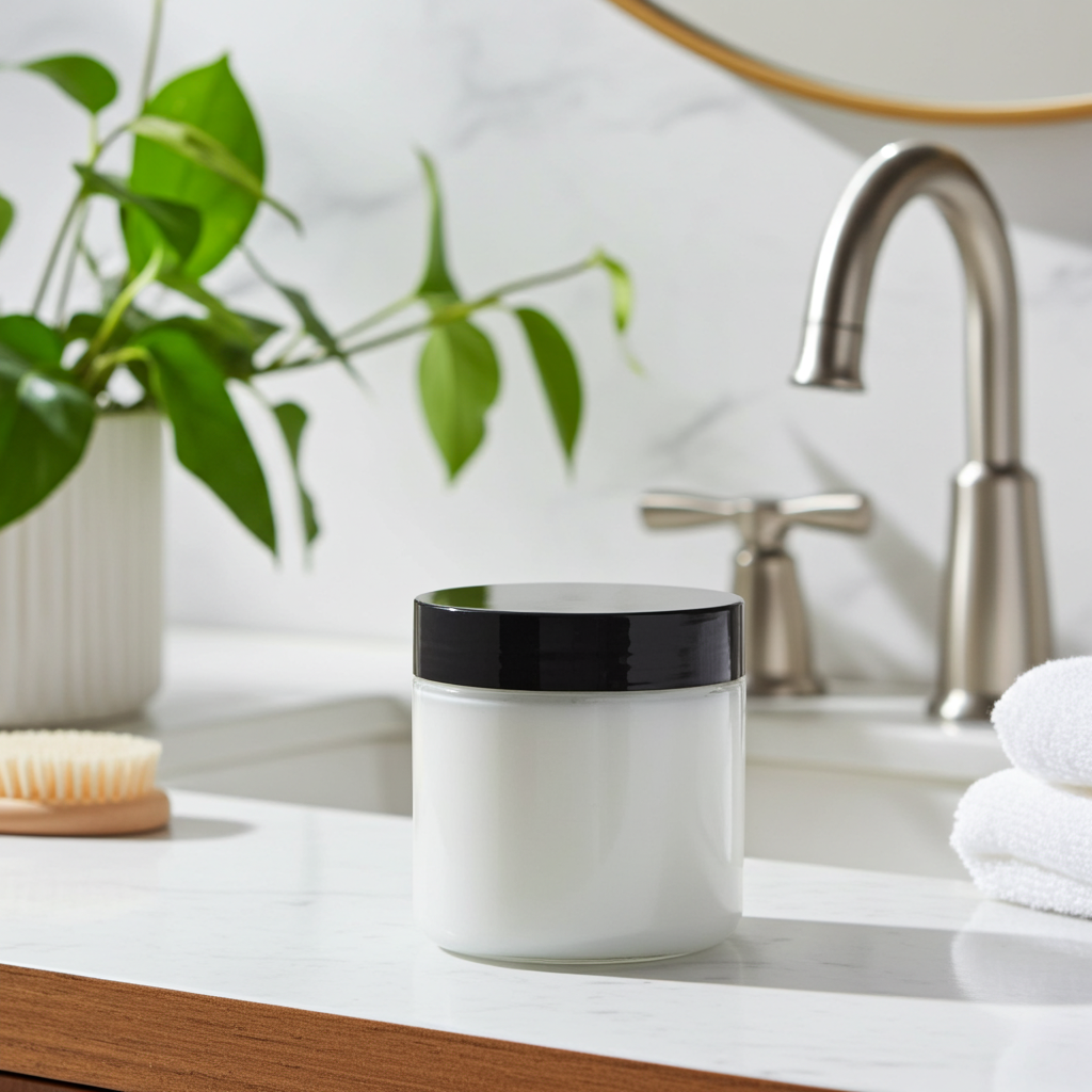 A fresh bathroom lifestyle image of The White Line by Mama Aswan Unscented Raw Sugar Scrub 16oz styled near a faucet, plant, and body brush for a calm, minimal skincare vibe.