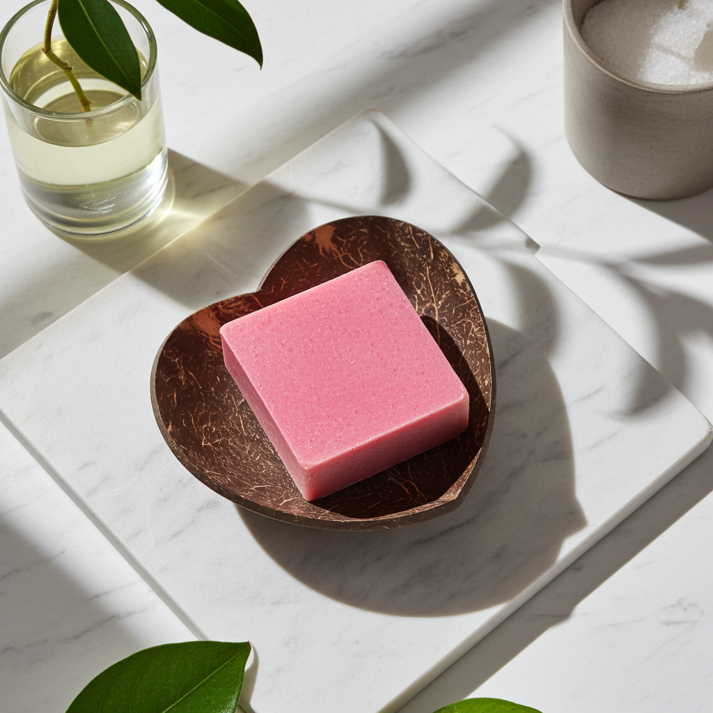 Heart-shaped coconut shell soap dish holding a pink soap bar on a white marble tray with green leaves and candle nearby.