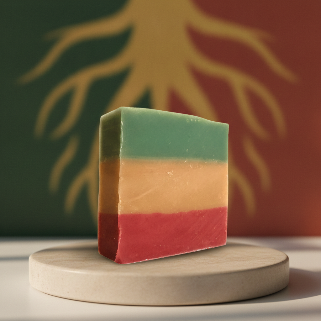 Rasta Roots Soap displayed on a cream pedestal against a green, gold, and red Rastafari-inspired background