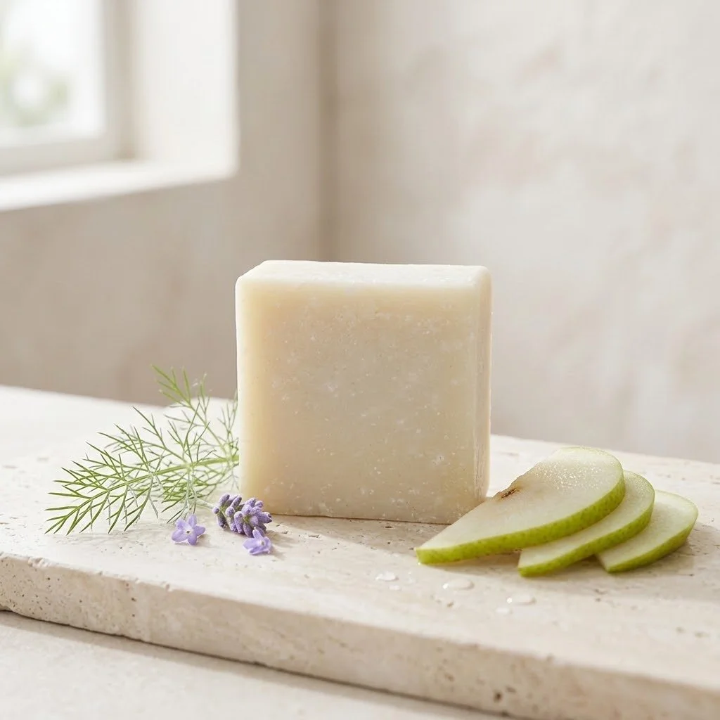 Big Sister Soap on a pale stone surface with sliced pear, fresh herbs, and soft natural window light.