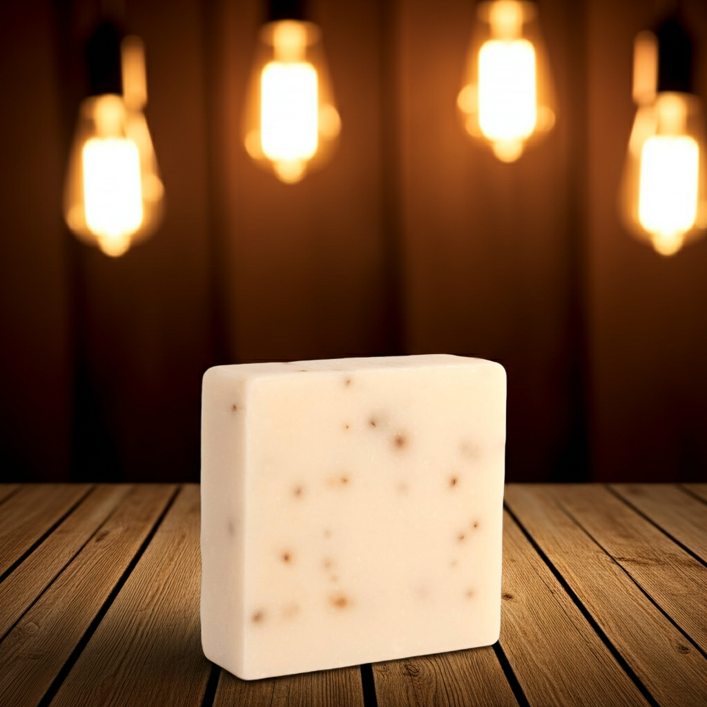 A warm studio-style product image of The White Line by Mama Aswan Unscented Goat’s Milk Facial Soap displayed on a wooden surface with soft glowing lights for a cozy, elevated look.