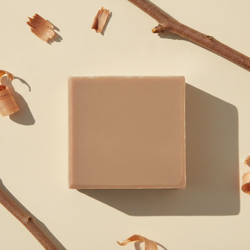 Sandalwood Soap Bar shown from above with sandalwood sticks and wood shavings on a neutral surface.