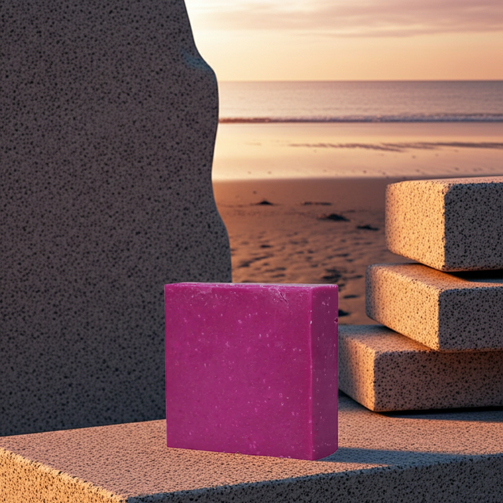 Sun-Kissed Empress handmade soap bar styled on stone steps in warm sunset light
