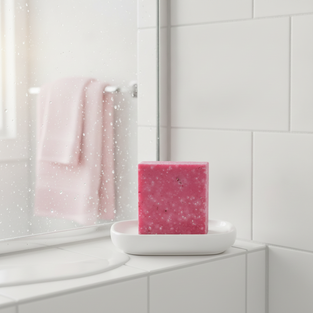 Spring Breeze Scrub Soap Bar on a bathtub ledge beside a pink towel in a bright bathroom.
