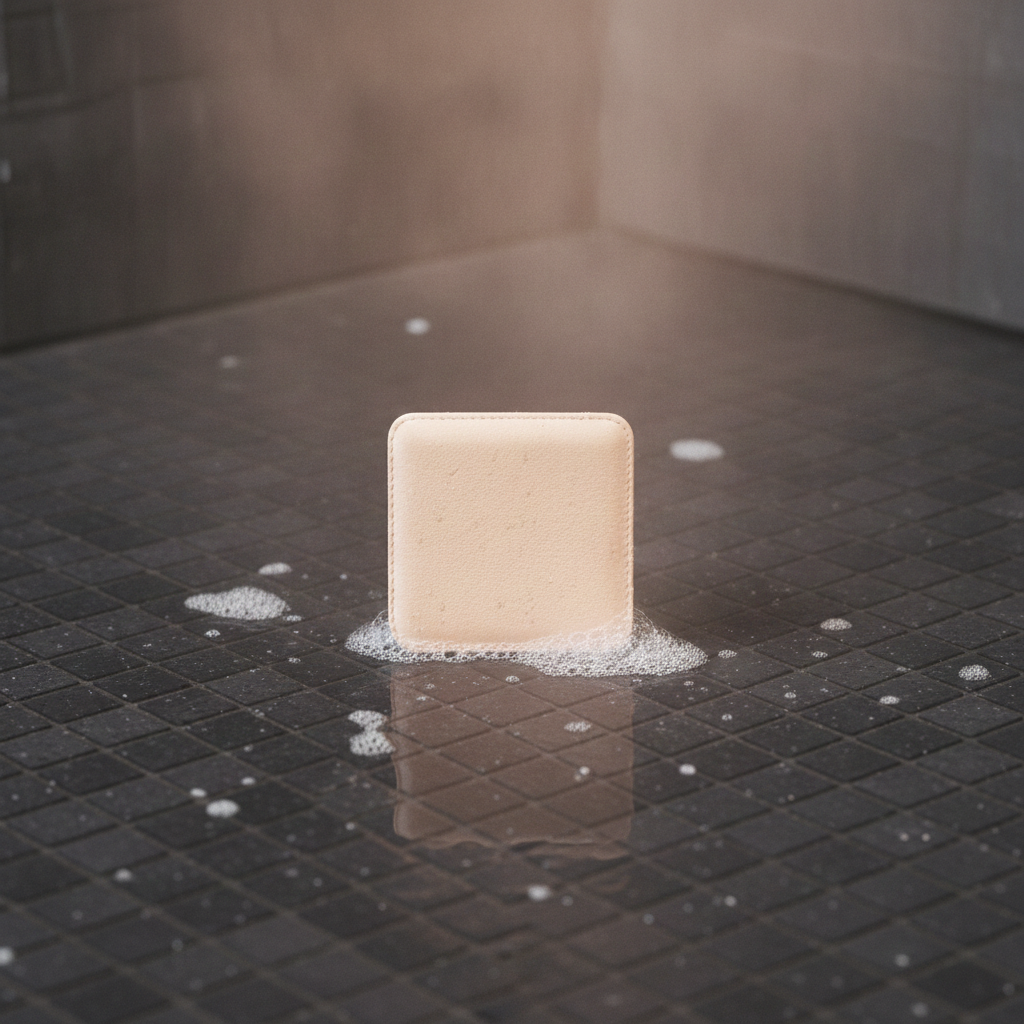 Beige square shower steamer fizzing on a dark shower floor with bubbles and steam.