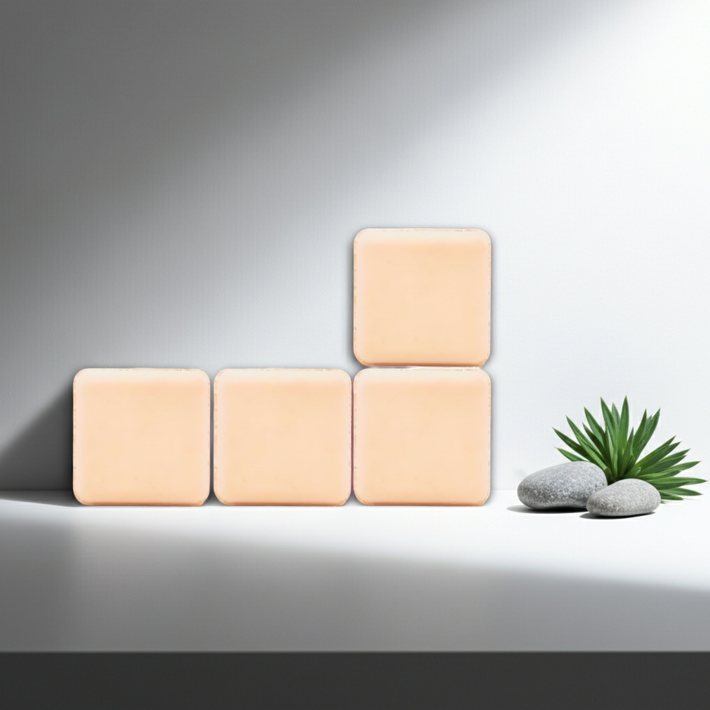 Four Nag Champa shower steamers arranged in a geometric layout on a minimalist gray background with smooth stones and greenery.