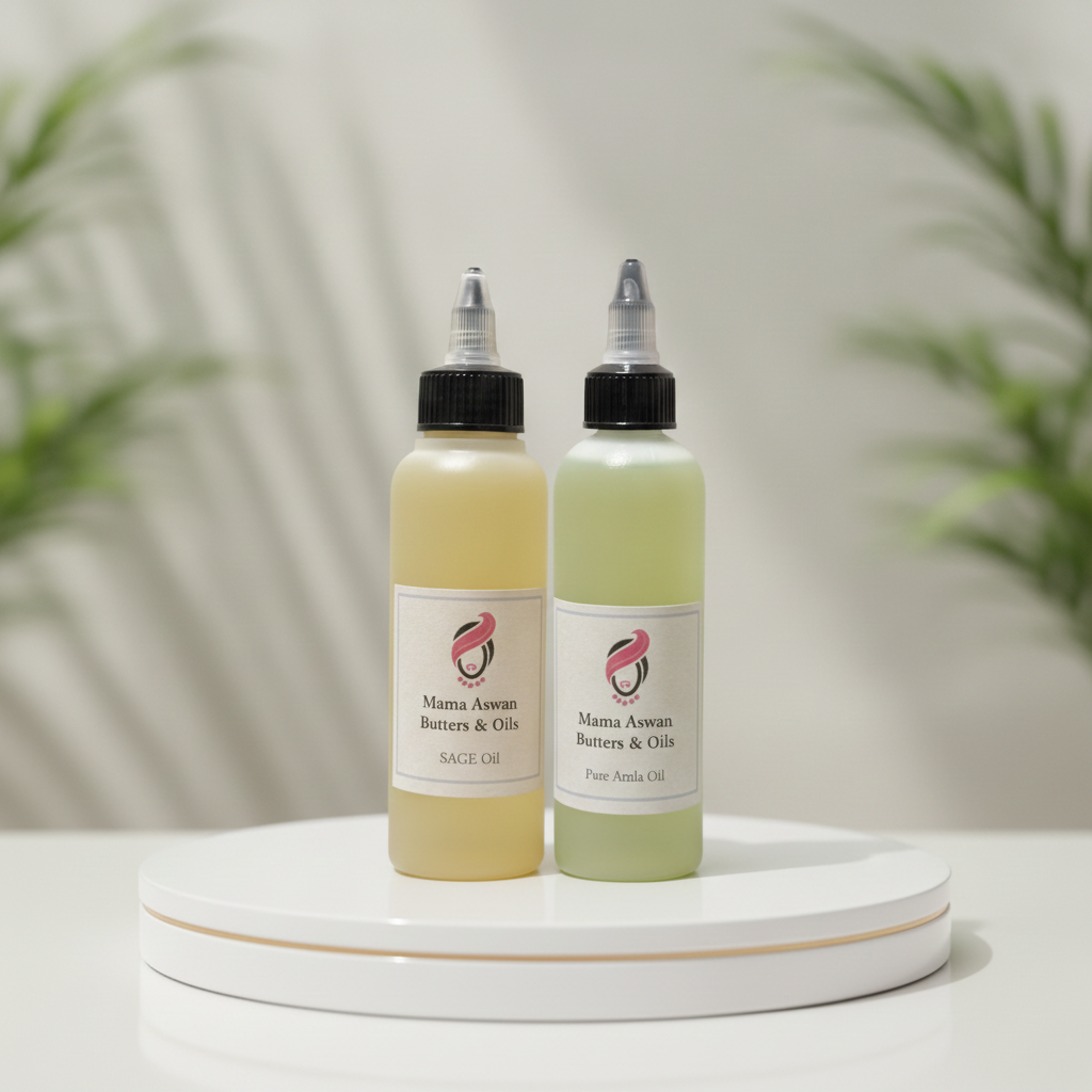 Two 4 oz Scalp Oil bottles on a white pedestal with soft green plant shadows in the background.