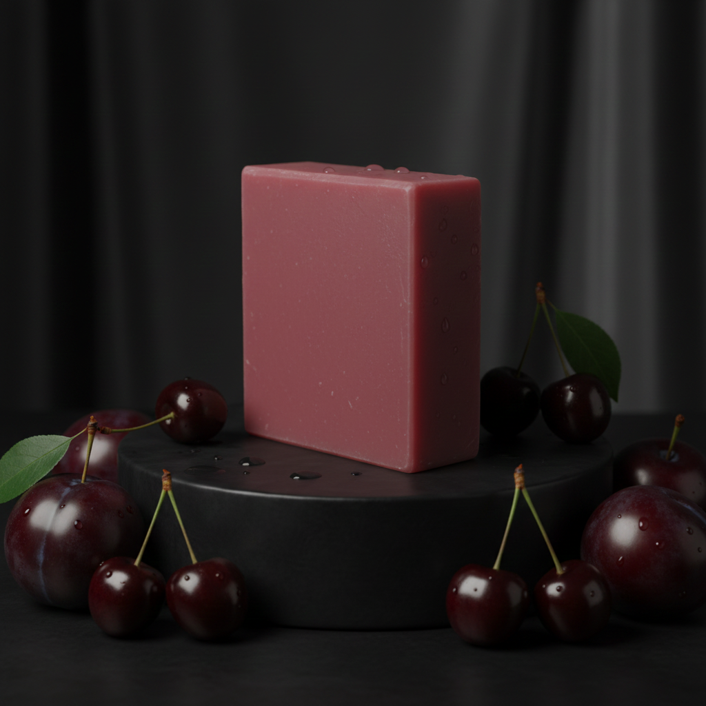 Midnight Cherry soap bar on a dark pedestal surrounded by cherries in a polished after-dark setting