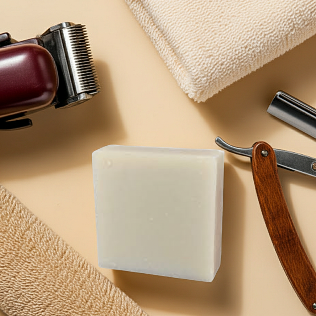 Unc’s Barbershop Soap bar on a warm beige surface surrounded by barber tools, including a clipper, straight razor, and folded towels.