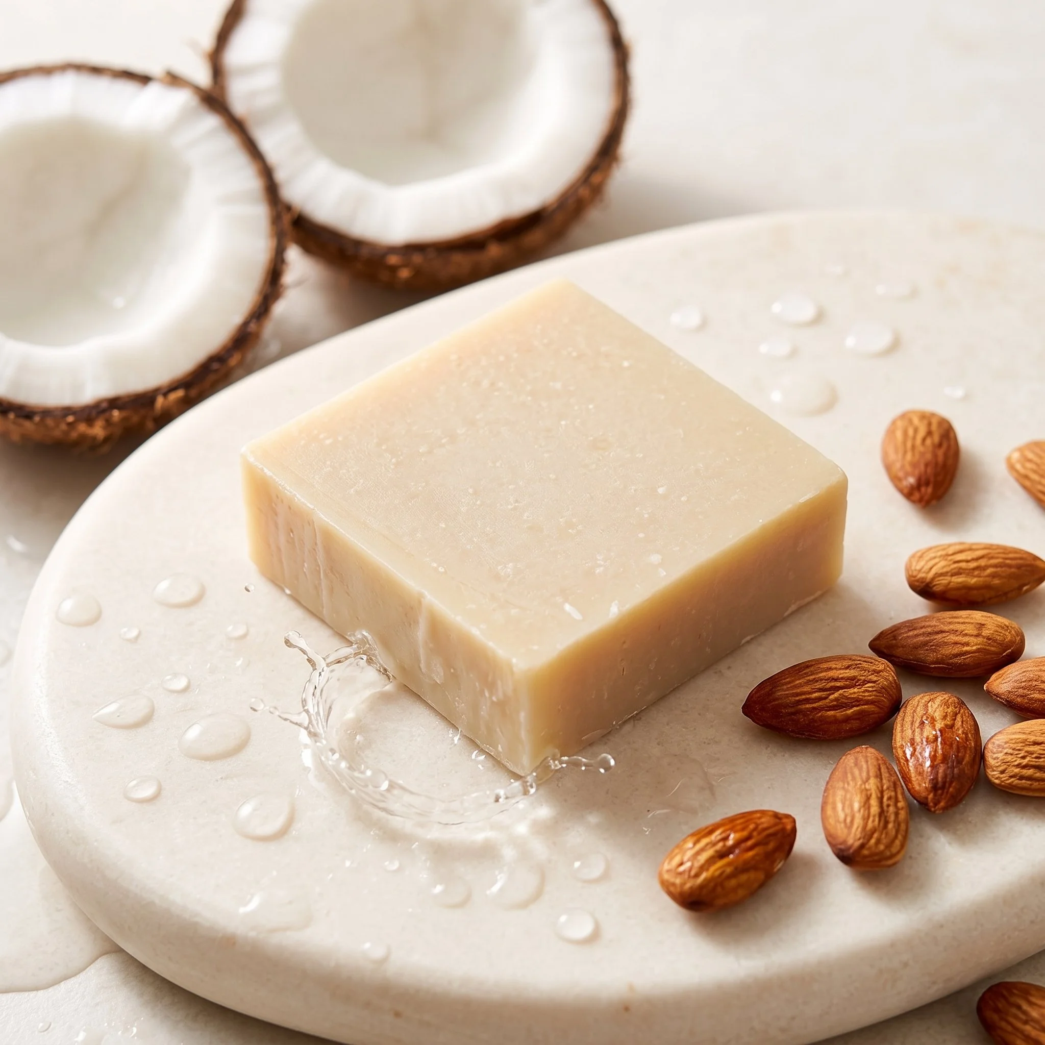 Almond Coconut Soap Bar on a white stone tray with almonds, water droplets, and coconut pieces.