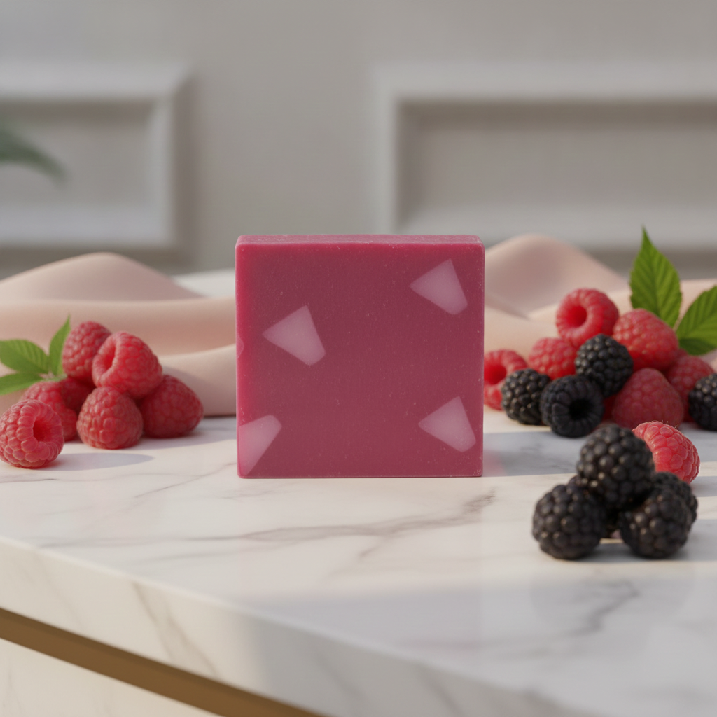 Raspberry Rush Soap Bar on a marble surface with raspberries, blackberries, and mint leaves.
