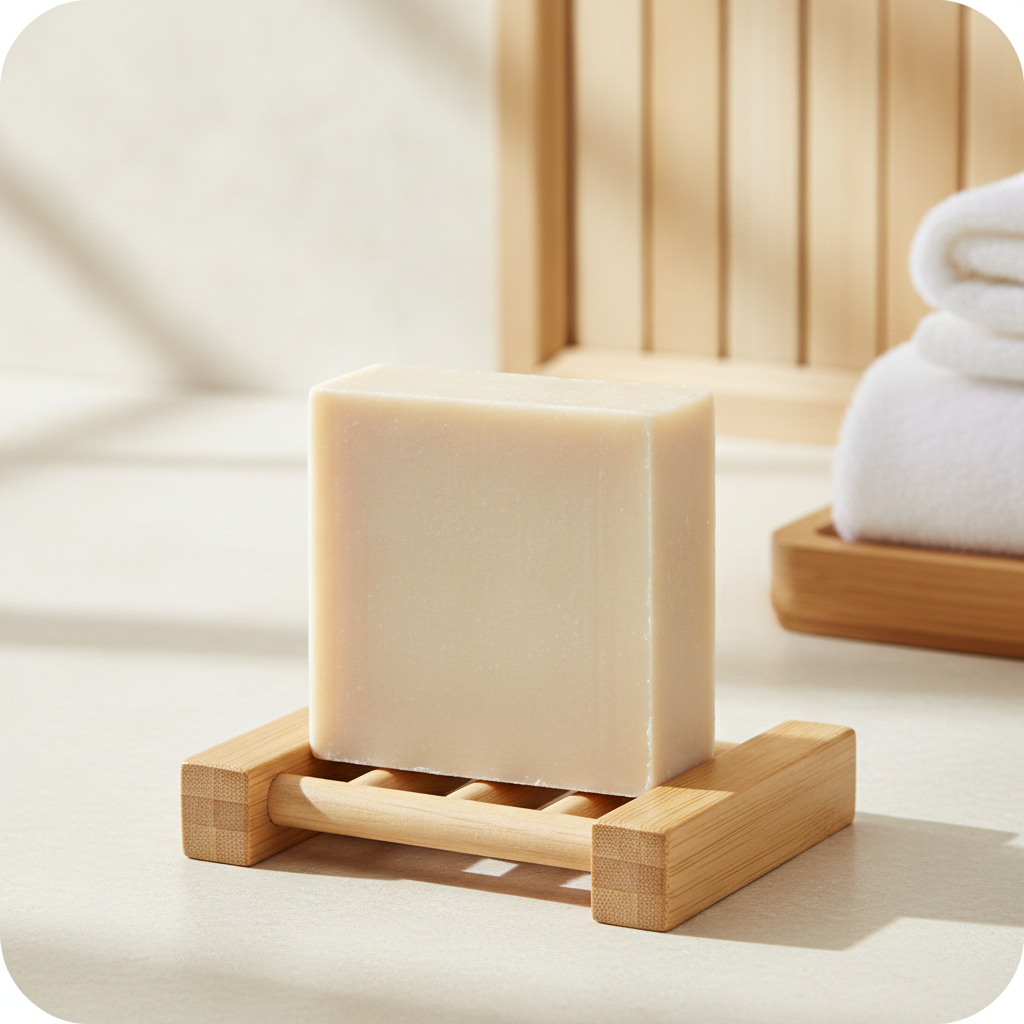 Bamboo Mud Soap Bar on a wooden soap dish beside folded towels in a bright spa-style bathroom.